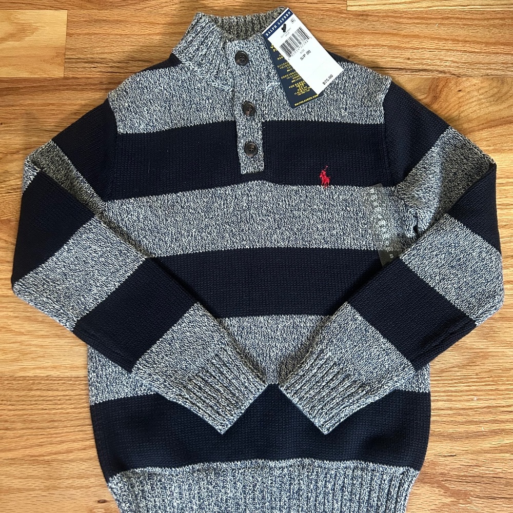 Polo by Ralph Lauren Boys Navy and Gray Striped Knit Sweater NWT Size 8 Small